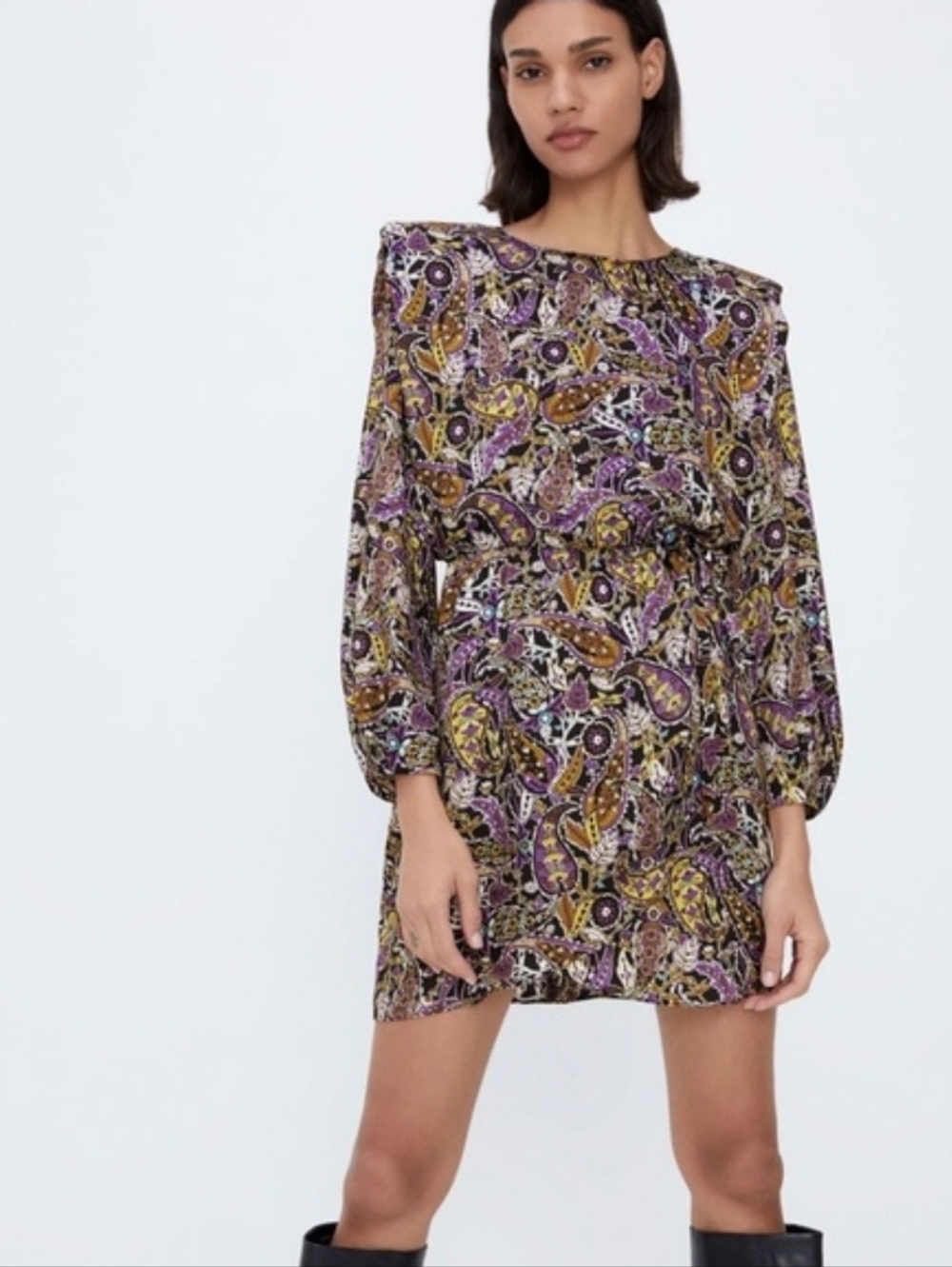 Zara Multicolor Paisley Mini Dress Balloon Sleeve Pleated Button Short M Nwt